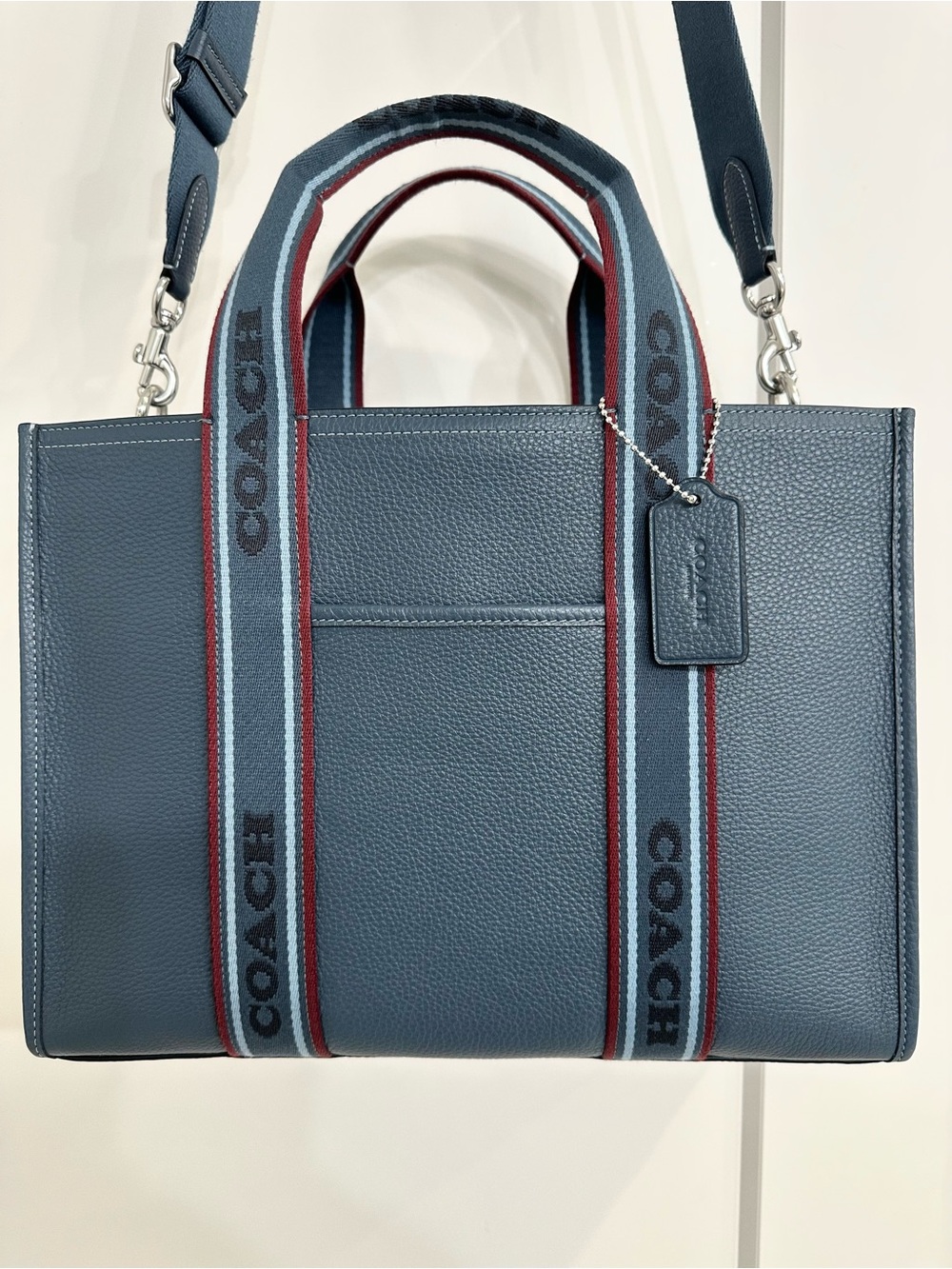 Coach Blue Pebbled Leather Logo-Striped Tote with Burgundy Trim